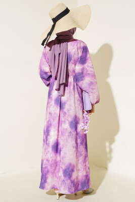 Batik Desen Bel Lastikli Elbise Mor - Tesettür Elbise