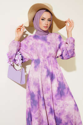Batik Desen Bel Lastikli Elbise Mor - Tesettür Elbise