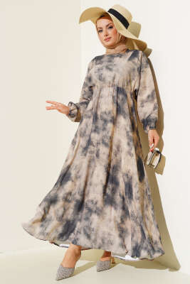 Batik Desen Bel Lastikli Elbise Petrol - Tesettür Elbise