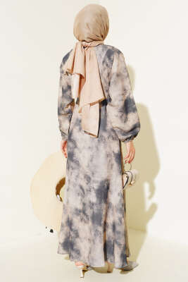 Batik Desen Bel Lastikli Elbise Petrol - Tesettür Elbise