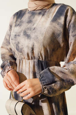 Batik Desen Bel Lastikli Elbise Petrol - Tesettür Elbise