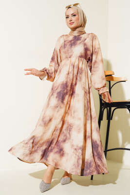 Batik Desen Bel Lastikli Elbise Vizon - Tesettür Elbise