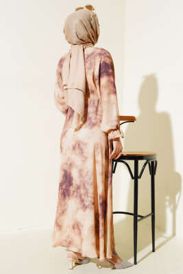 Batik Desen Bel Lastikli Elbise Vizon - Tesettür Elbise