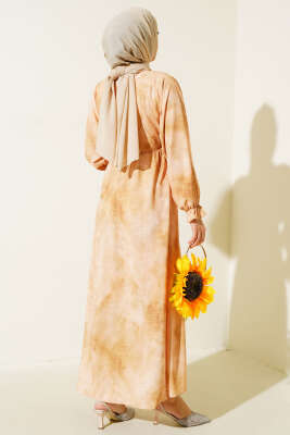 Batik Desen Bel Lastikli Elbise Yağ Yeşili - Tesettür Elbise