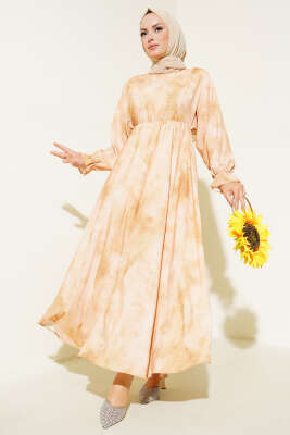 Batik Desen Bel Lastikli Elbise Yağ Yeşili - Tesettür Elbise