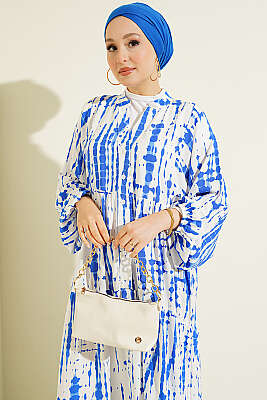 Batik Desen Hakim Yaka Elbise Saks - Elbise