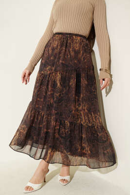 Batik Desen Katlı Şifon Etek Hardal - DUFON