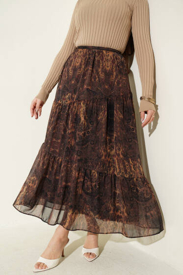 Batik Desen Katlı Şifon Etek Hardal - Etek