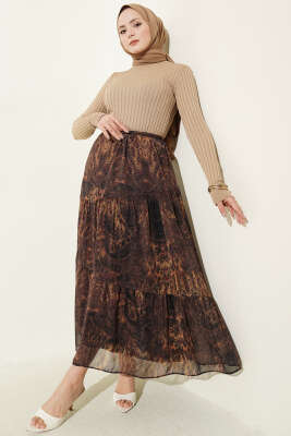 Batik Desen Katlı Şifon Etek Hardal - Etek