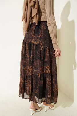 Batik Desen Katlı Şifon Etek Hardal - Etek