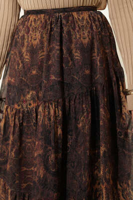 Batik Desen Katlı Şifon Etek Hardal - Etek