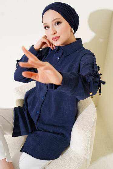 Batik Desen Kol Fiyonklu Gömlek Lacivert - Gömlek