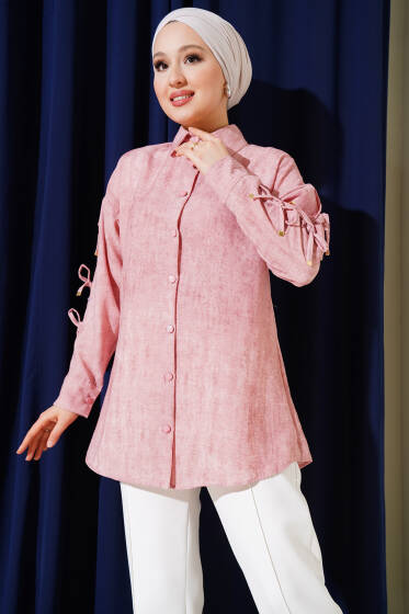Batik Desen Kol Fiyonklu Gömlek Pudra - Gömlek