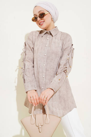 Batik Desen Kol Fiyonklu Gömlek Vizon - Gömlek