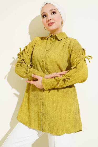 Batik Desen Kol Fiyonklu Gömlek Yağ Yeşili - Gömlek