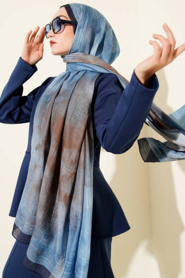 Batik Desen Müslin Şal Mavi - Başörtüsü