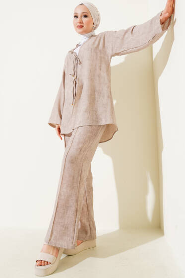 Batik Desen Önü Bağcıklı İkili Takım Bej - İkili Takım