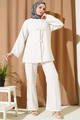 Batik Desen Önü Bağcıklı İkili Takım Beyaz - TABLO FASHİON