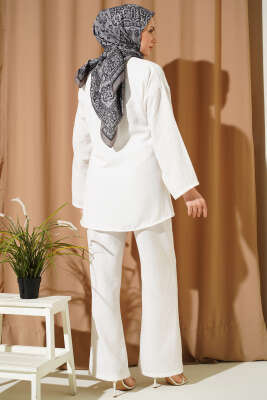 Batik Desen Önü Bağcıklı İkili Takım Beyaz - İkili Takım