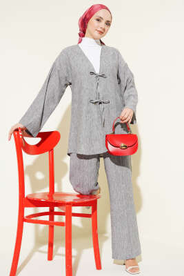 Batik Desen Önü Bağcıklı İkili Takım Gri - TABLO FASHİON