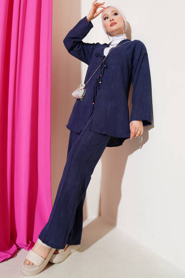 Batik Desen Önü Bağcıklı İkili Takım Lacivert - İkili Takım