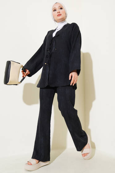 Batik Desen Önü Bağcıklı İkili Takım Siyah - İkili Takım