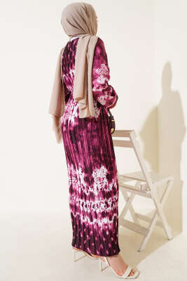 Batik Desen Pileli Kuşaklı Elbise Bordo - Tesettür Elbise