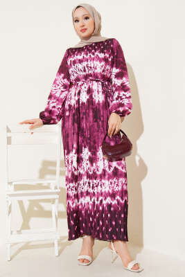 Batik Desen Pileli Kuşaklı Elbise Bordo - Tesettür Elbise