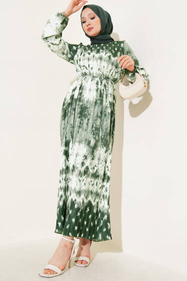 Batik Desen Pileli Kuşaklı Elbise Haki - Elbise