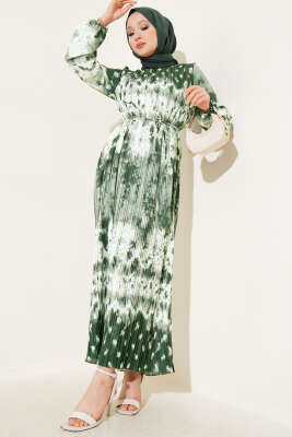 Batik Desen Pileli Kuşaklı Elbise Haki 
