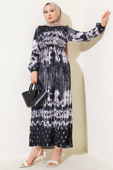 Batik Desen Pileli Kuşaklı Elbise Siyah - Elbise