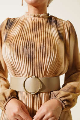 Batik Desen Pileli Şifon Elbise Haki - Tesettür Elbise