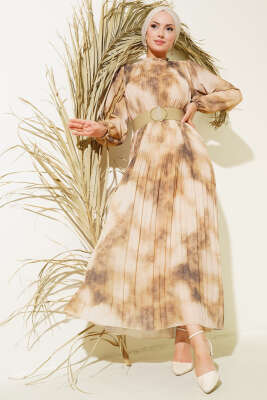 Batik Desen Pileli Şifon Elbise Haki - Tesettür Elbise