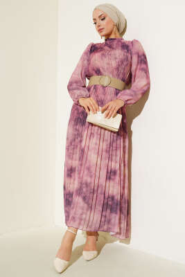 Batik Desen Pileli Şifon Elbise Menekşe - HEWES