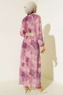 Batik Desen Pileli Şifon Elbise Menekşe - Tesettür Elbise