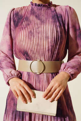 Batik Desen Pileli Şifon Elbise Menekşe - Tesettür Elbise