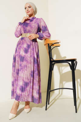 Batik Desen Pileli Şifon Elbise Mor - Tesettür Elbise