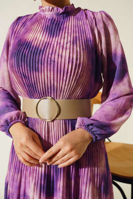 Batik Desen Pileli Şifon Elbise Mor - Tesettür Elbise