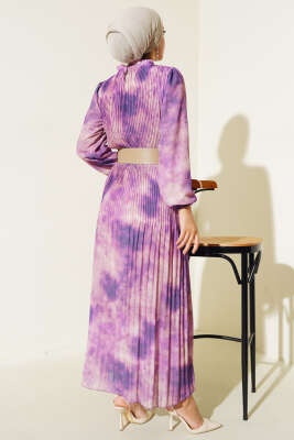 Batik Desen Pileli Şifon Elbise Mor - Tesettür Elbise