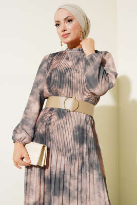 Batik Desen Pileli Şifon Elbise Petrol - Tesettür Elbise