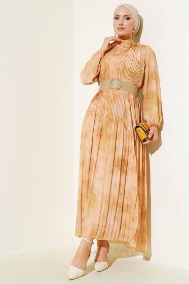 Batik Desen Pileli Şifon Elbise Yağ Yeşili - Tesettür Elbise