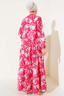 Batik Desen Yarım Düğmeli Elbise Alizarin - Tesettür Elbise