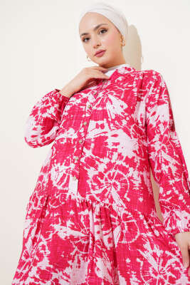 Batik Desen Yarım Düğmeli Elbise Alizarin - Tesettür Elbise