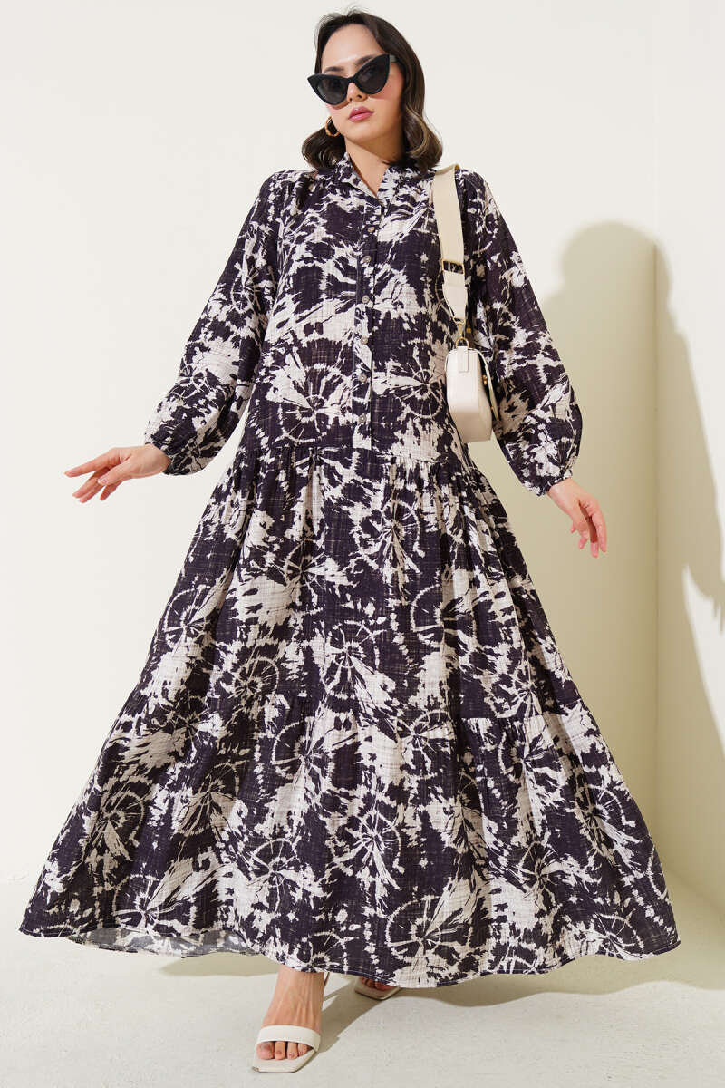 Batik Desen Yarım Düğmeli Elbise Mürdüm