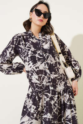 Batik Desen Yarım Düğmeli Elbise Mürdüm - 700-1000 TL Ürünler