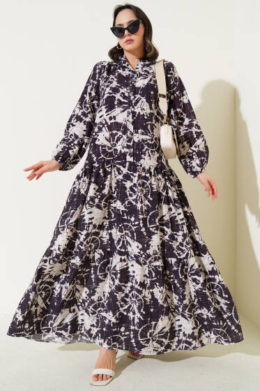 Batik Desen Yarım Düğmeli Elbise Mürdüm - Elbise