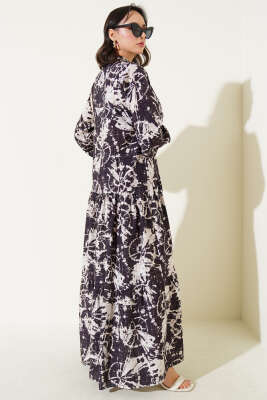 Batik Desen Yarım Düğmeli Elbise Mürdüm - Tesettür Elbise