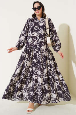 Batik Desen Yarım Düğmeli Elbise Mürdüm 