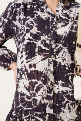 Batik Desen Yarım Düğmeli Elbise Mürdüm - Tesettür Elbise