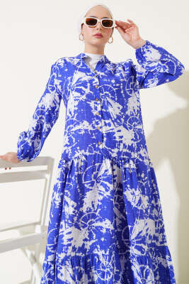 Batik Desen Yarım Düğmeli Elbise Saks - 700-1000 TL Ürünler